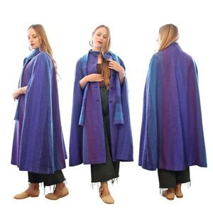Vintage Avoca Collection Blue Purple Striped 100% Irish Wool Cape Coat Medium